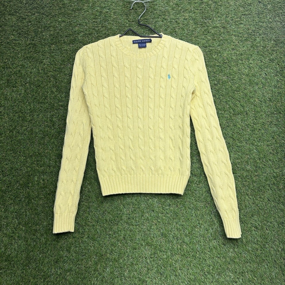 Polo Ralph Lauren Cable-Knit Sweater Womens XS Yellow Crewneck Dress Preppy